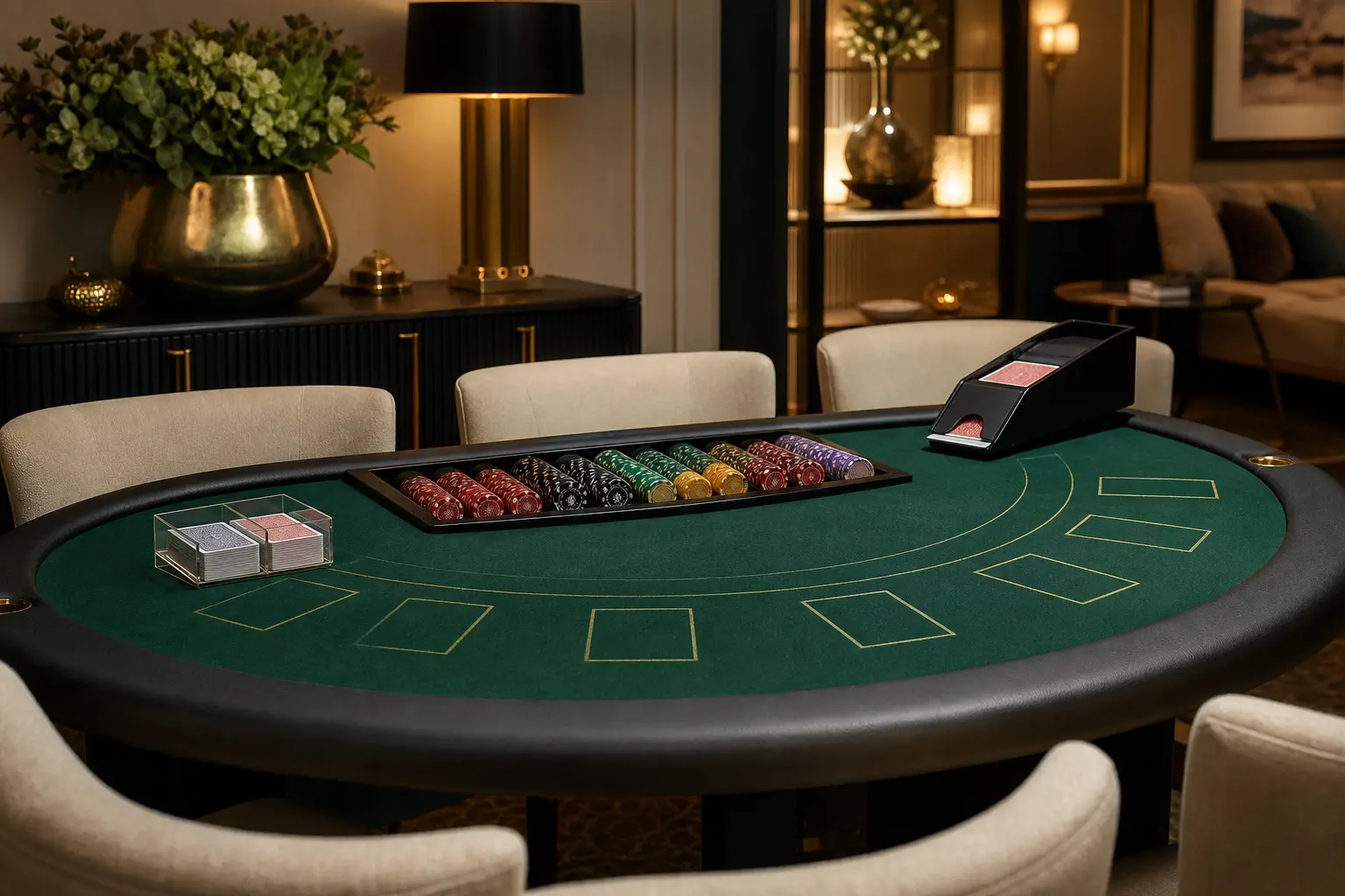 St&oacute;ł do blackjacka z kartami i żetonami w eleganckiej oprawie oświetleniowej