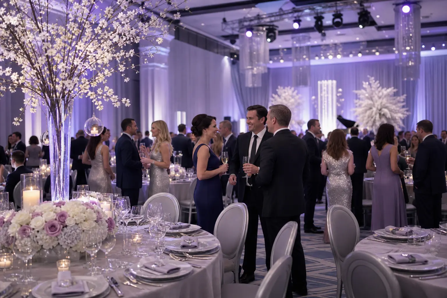 Elegancka sala bankietowa z żyrandolami i okrągłymi stołami nakrytymi białymi obrusami