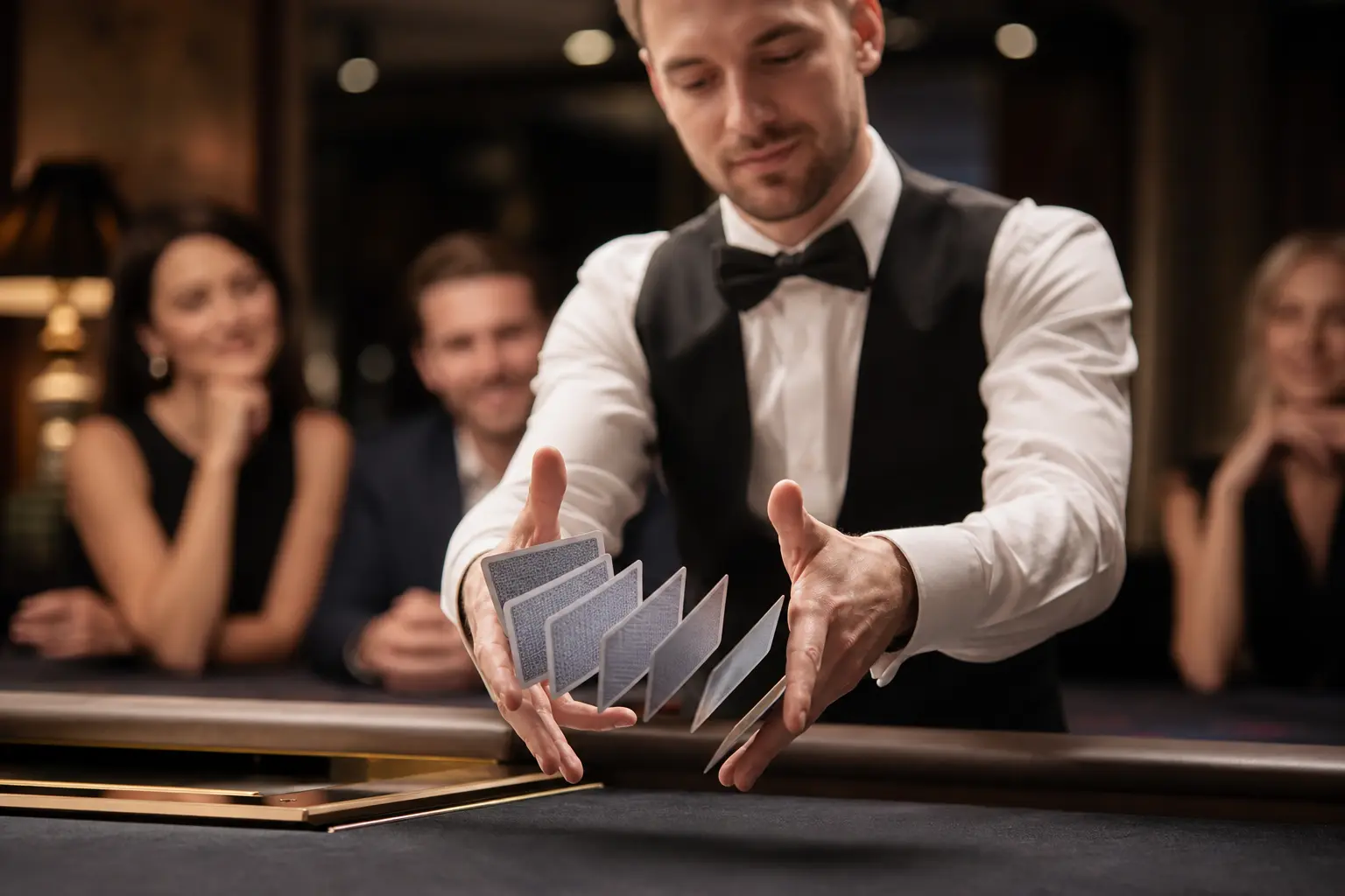 Profesjonalny prowadzący w eleganckim garniturze rozdający karty przy stole do blackjacka